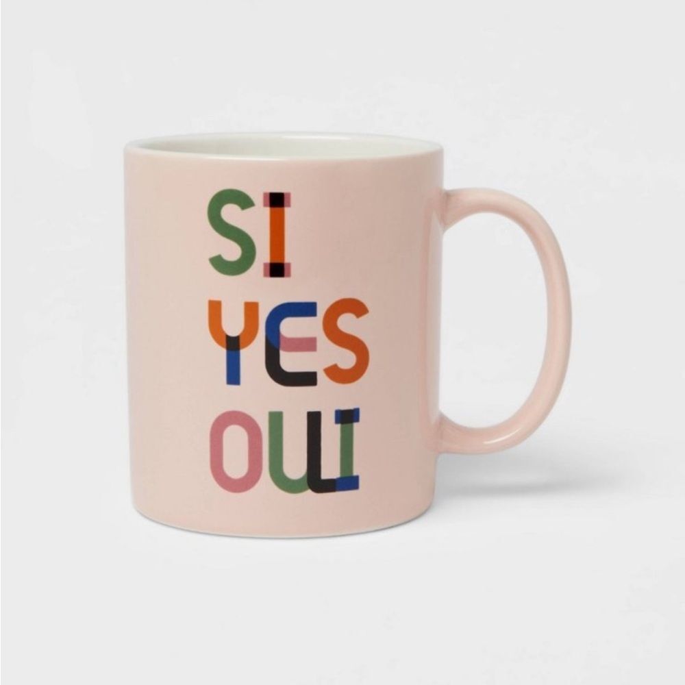 Room Essentials SI YES OUI Mug Pink Gift Coffee Tea Stoneware Mom Engagement